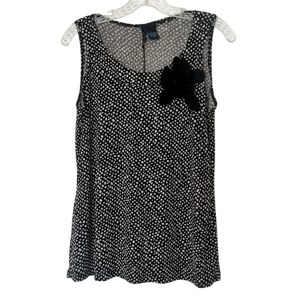 St Tropez Black White Polka Dot Mesh Tank Top Flower Applique Whimsigoth Top